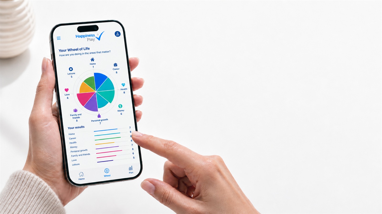 The Happiness Play Wheel of Life on a phone, with the 8 areas and their scores