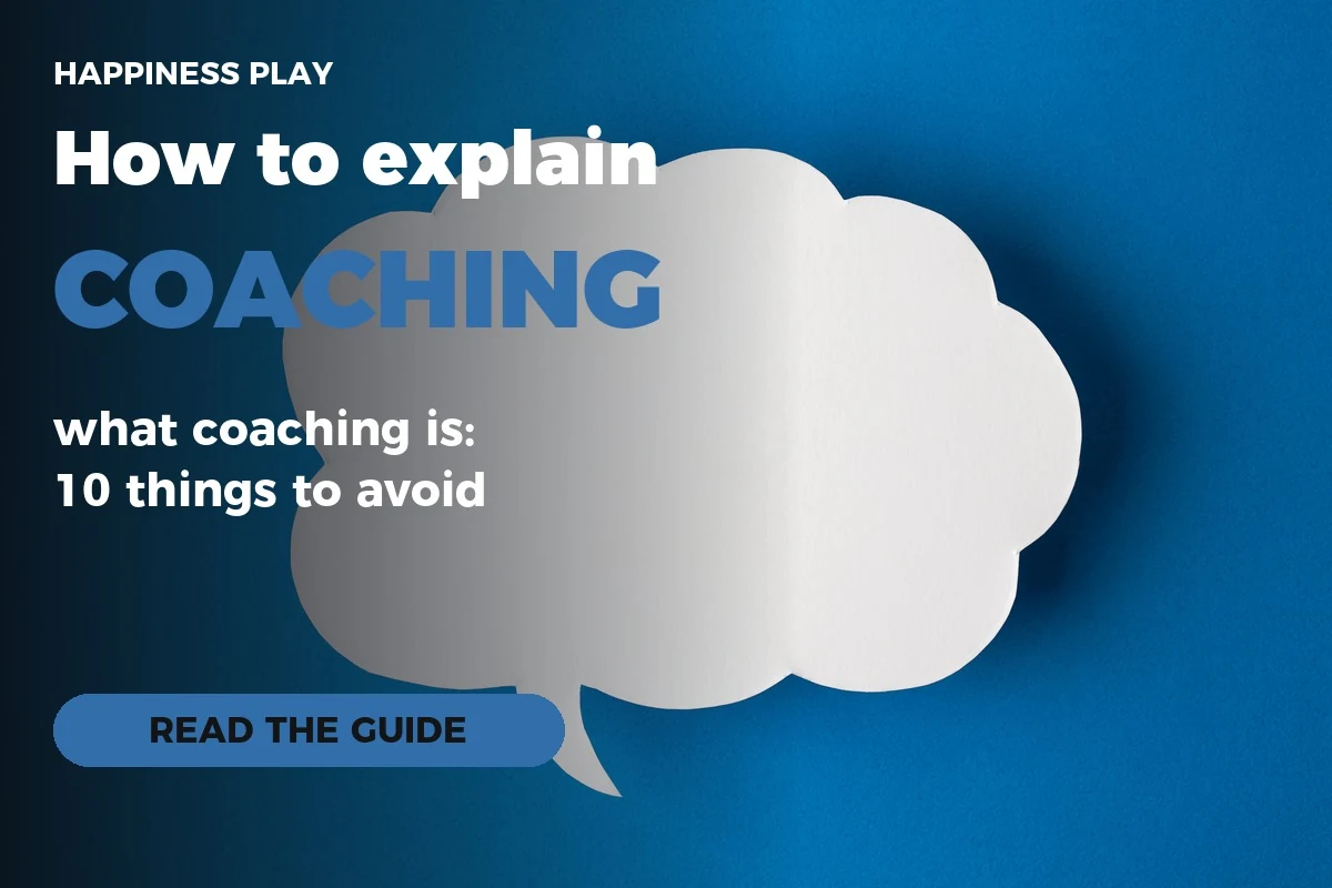 Speech bubbles on a blue background with the title How to explain what coaching is