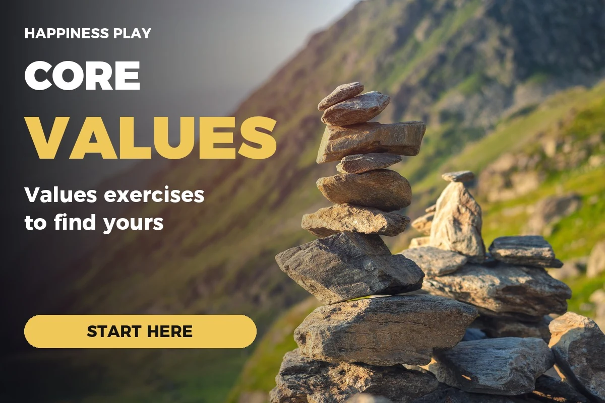 Stack of balanced stones by the sea with the title Values exercises, how to find your core values