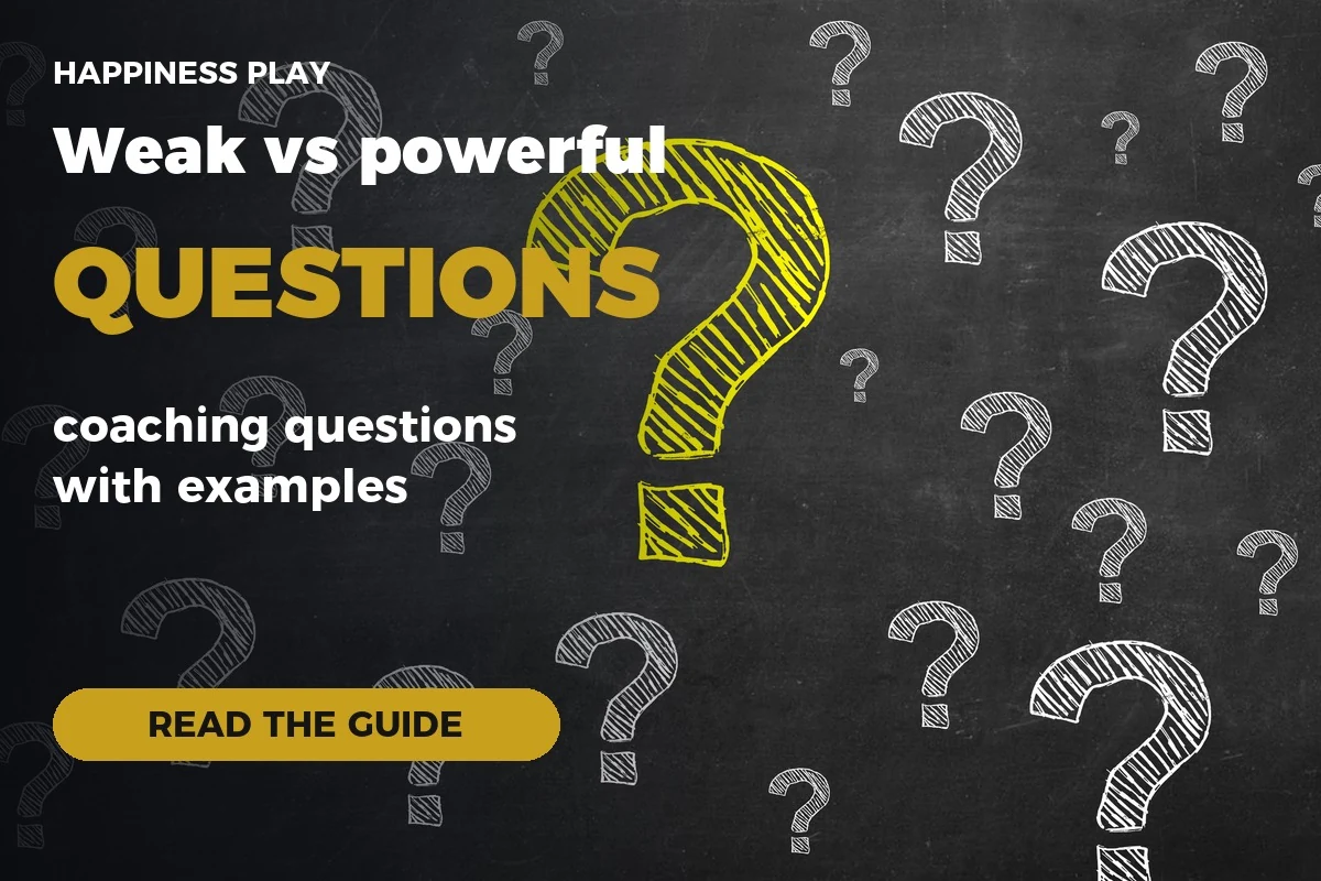 Yellow chalk question mark on a blackboard with the title Weak vs powerful coaching questions